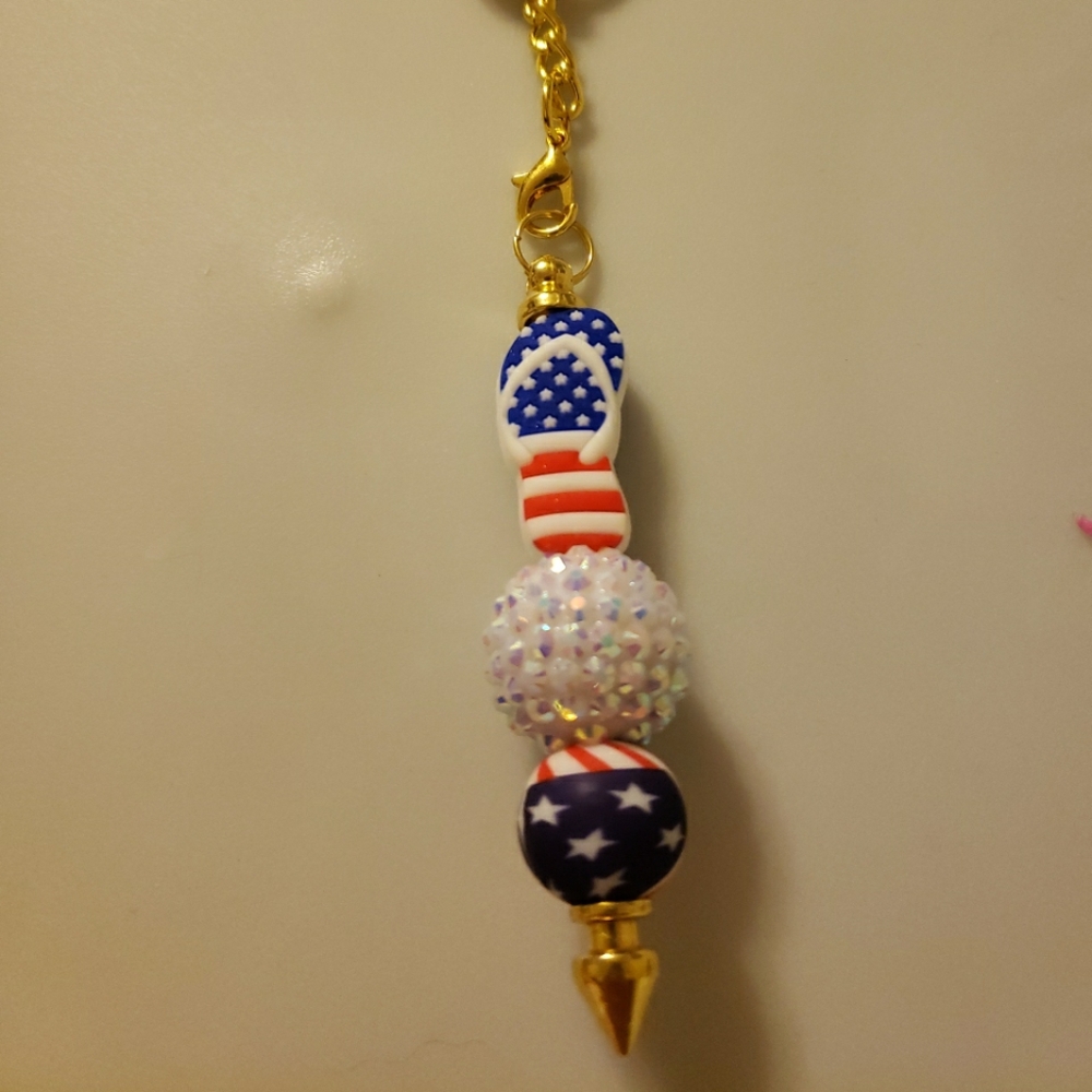 New Handmade Americana Flip Flop Focal Bead Beaded Keychain
